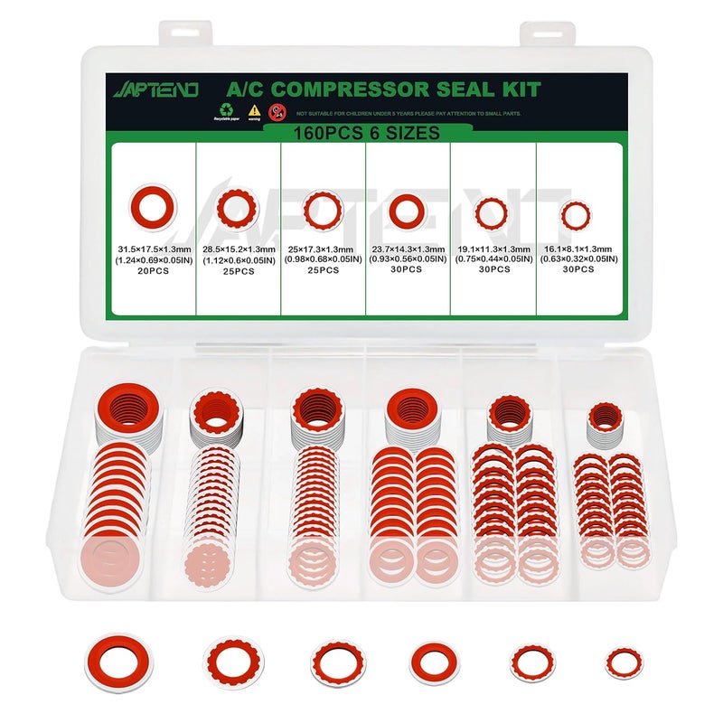 Japtend 160PCS Air Conditioning System Compressor Seal Washers Assortment Kit, 6 Sizes Automotive A/C Compressor Port Bonded Seal Gasket Kit (Red) - Image 1